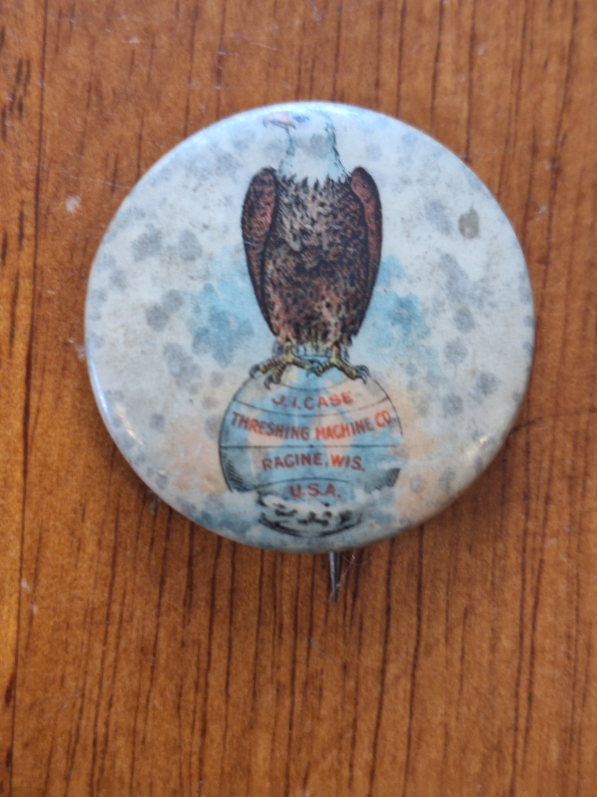 Rare Antique J.I. Case Pinback – Old Abe Eagle Globe Logo – Whitehead & Hoag