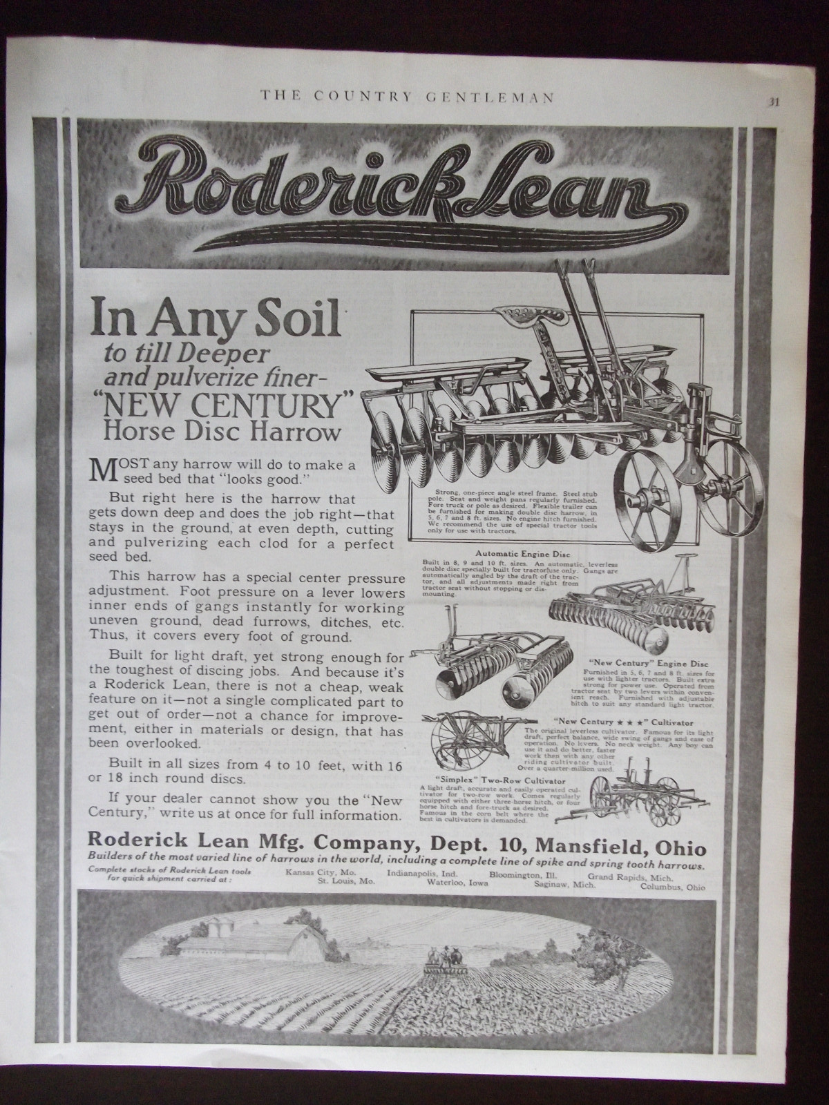 1920 Roderick Lean New Century Horse Disc Harrow Advertisement