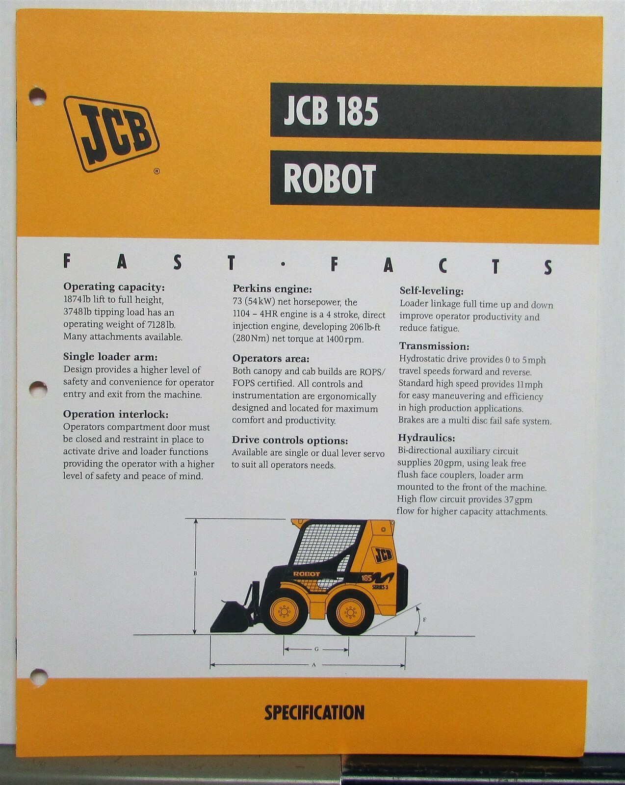 1990s JCB 185 Robot Specifications Construction Sales Brochure