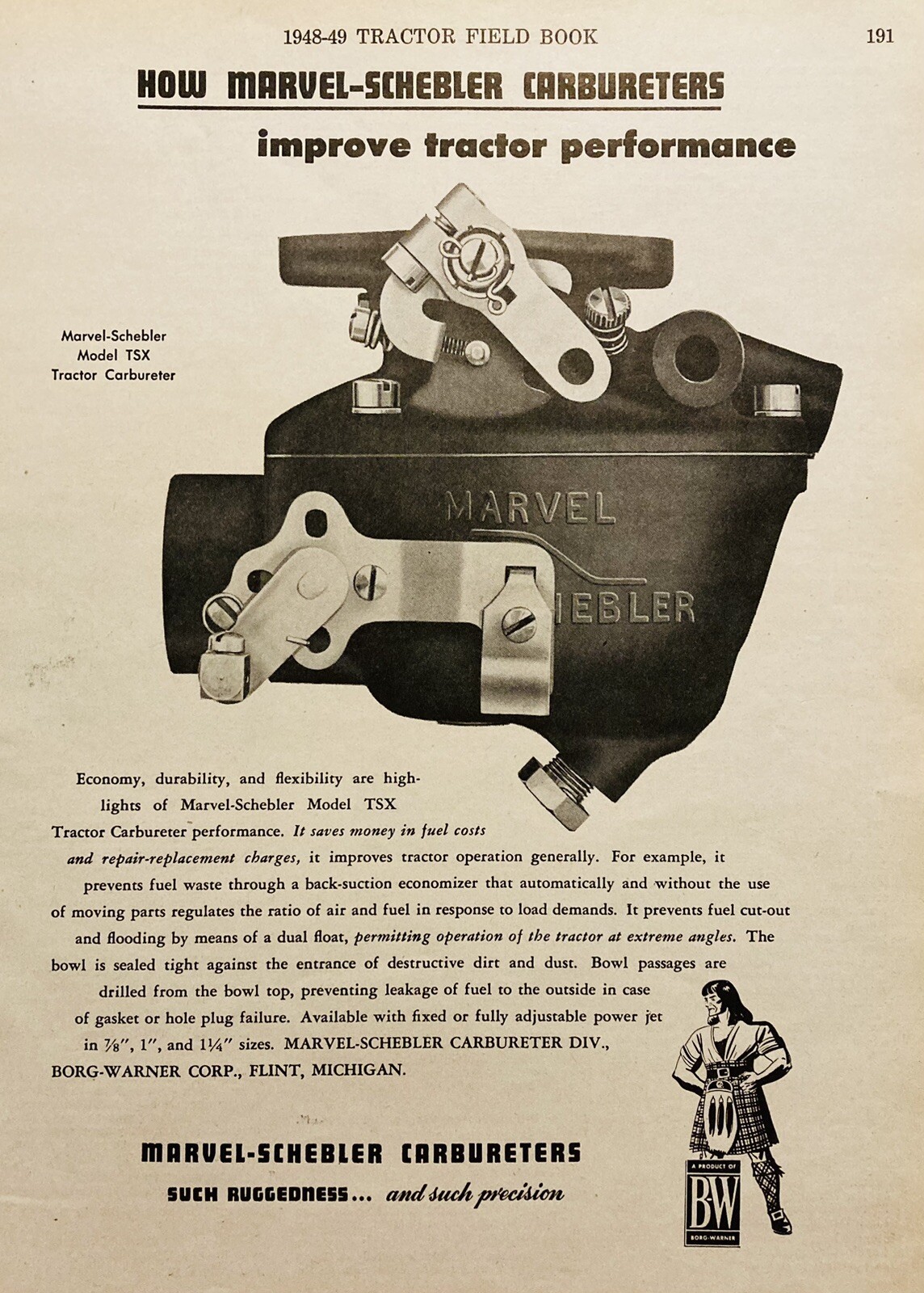 1948 AD.(XH80)~MARVEL-SCHEBLER DIV. BORG-WARNER, FLINT, MI. TRACTOR CARBURETORS