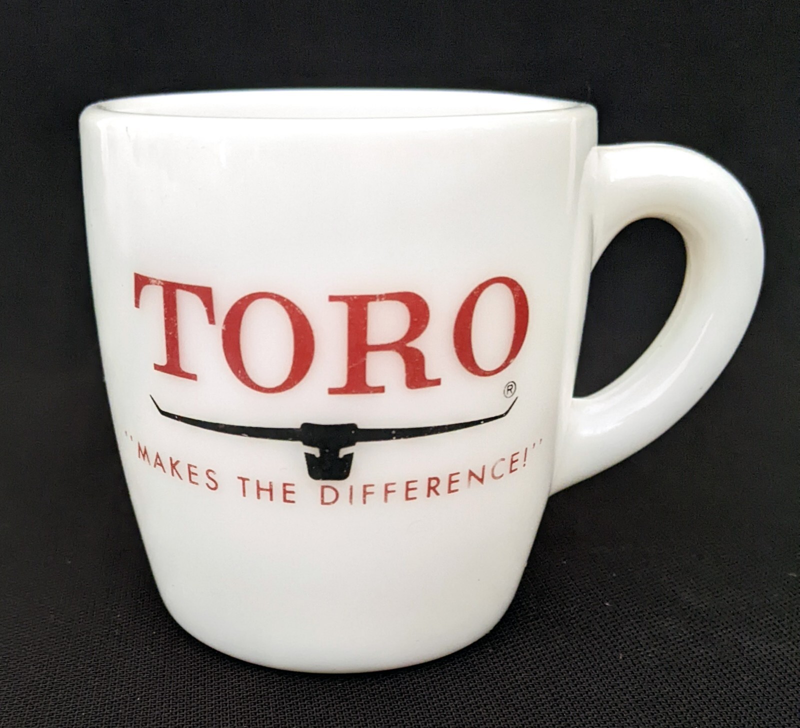 Hazel Atlas ~ Milk Glass Coffee Mug ~ Advertising Toro Lawn Mowers ~ 1960s