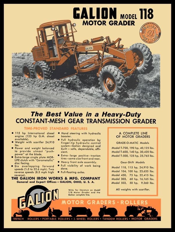 1957 Galion Iron Works Model 118 Motor Grader NEW Sign 24×30&Prime; USA STEEL XL Size