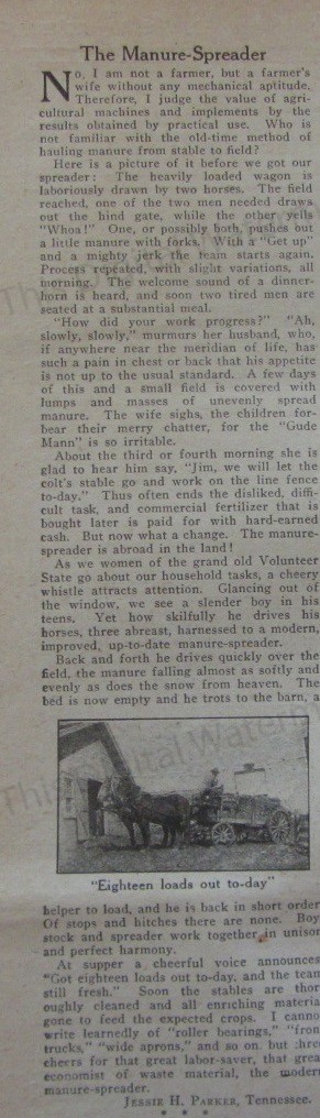 1911 Best Tool I Use on Farm ARTICLE * MANURE SPREADER Jessie Parker Tennessee