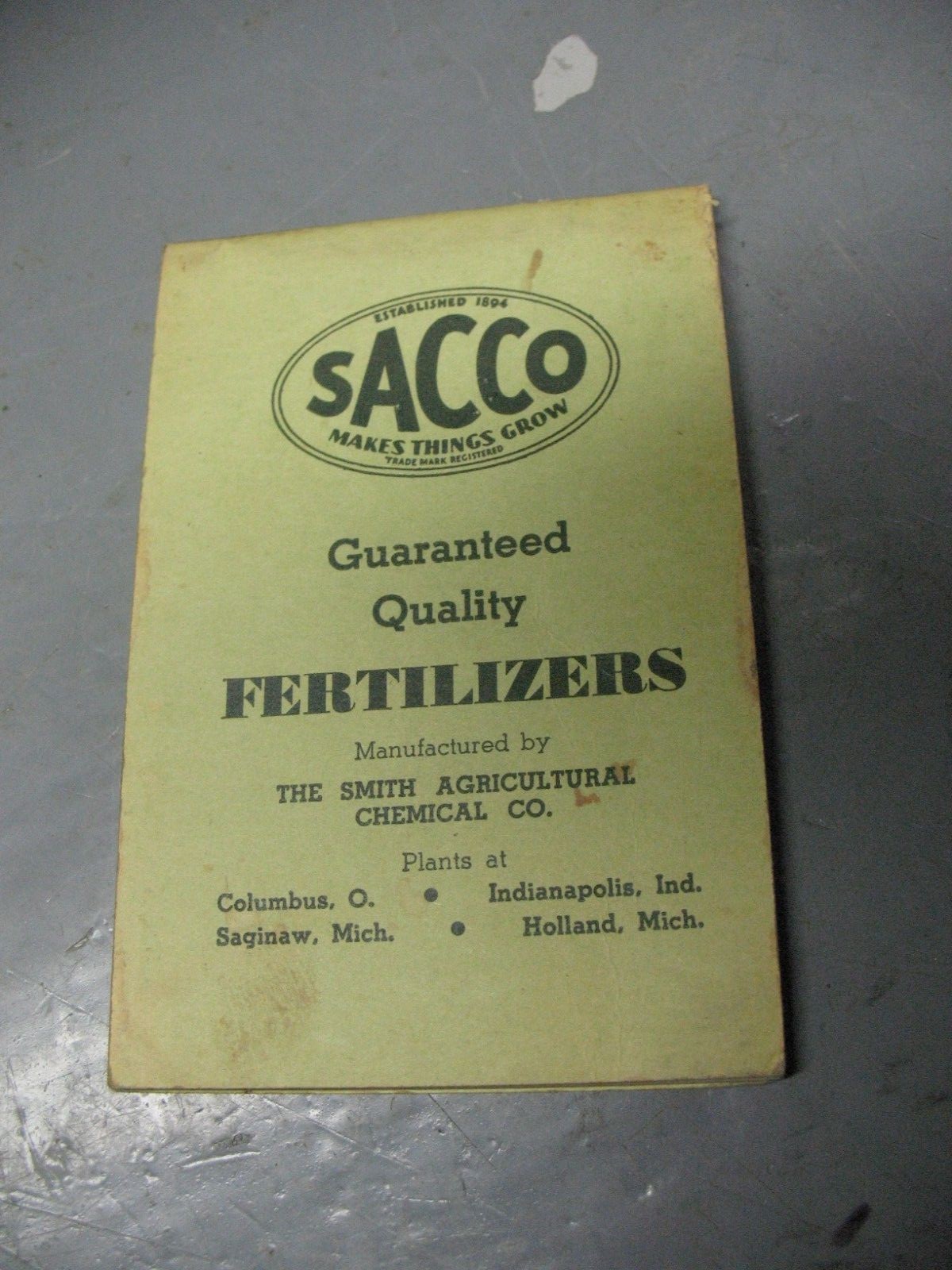 SACCO FERTILIZERS ADVERTISEMENT MEMO PAD 1930&rsquo;s — 4 » X 2 & 3/4 »