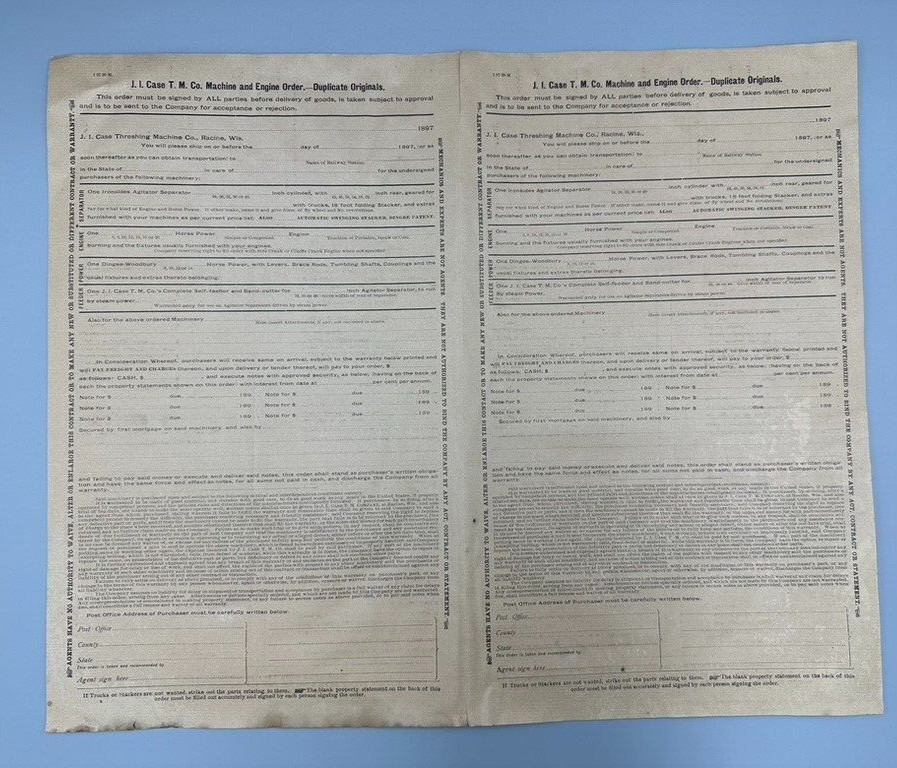 1897 J I CASE THRESHING Co Machine Engine Order Form ANTIQUE FARM ADVERTISING