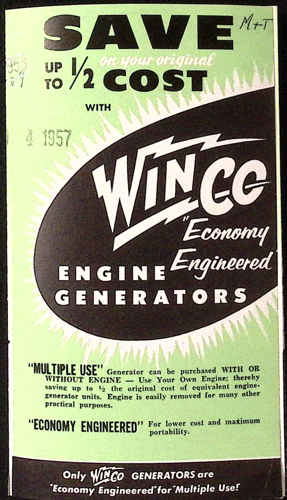 1957 Winco Economy Engineered Engine Generators Brochure