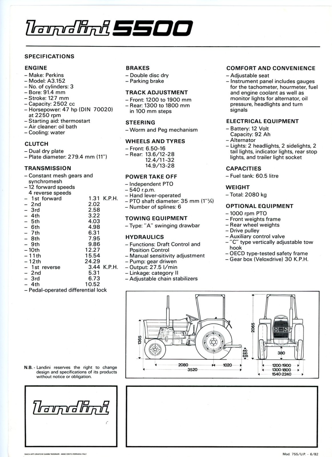 Landini 5500 Tractor 1982 2 page sales brochure w/specs