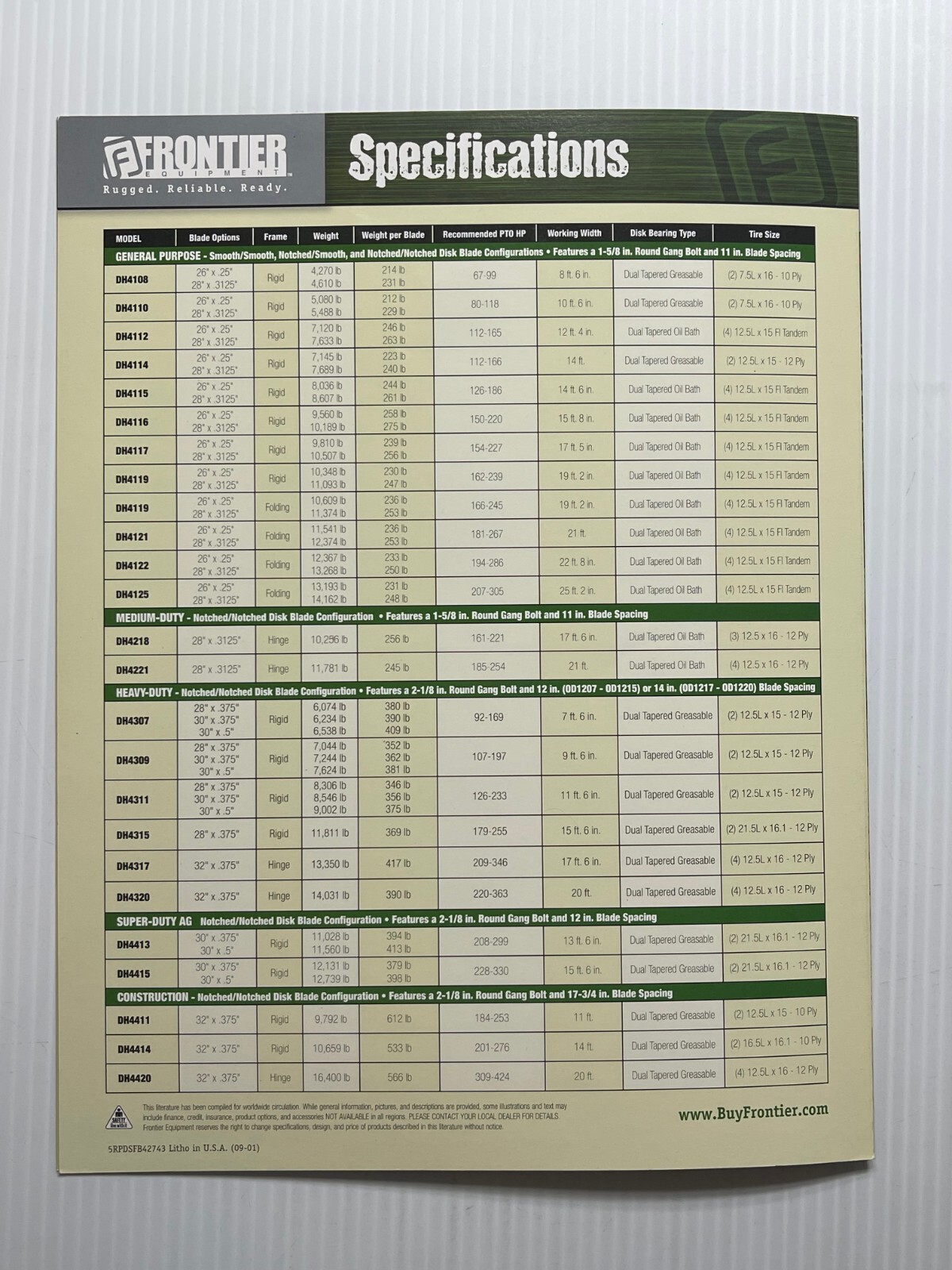 Frontier Equipment Heavy Offset Disks Sales Brochure *Original 2009*
