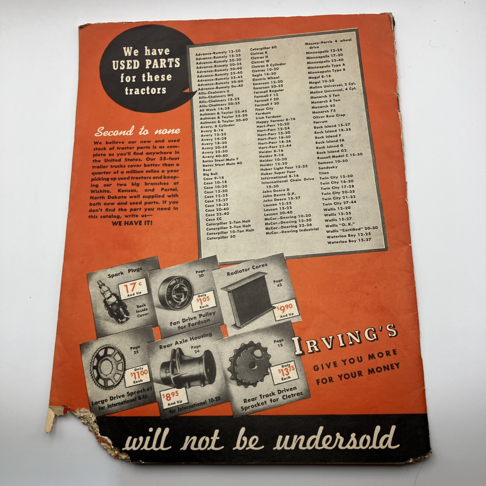 1940 Irving’s Tractor Replacement New And Used Parts Brochure