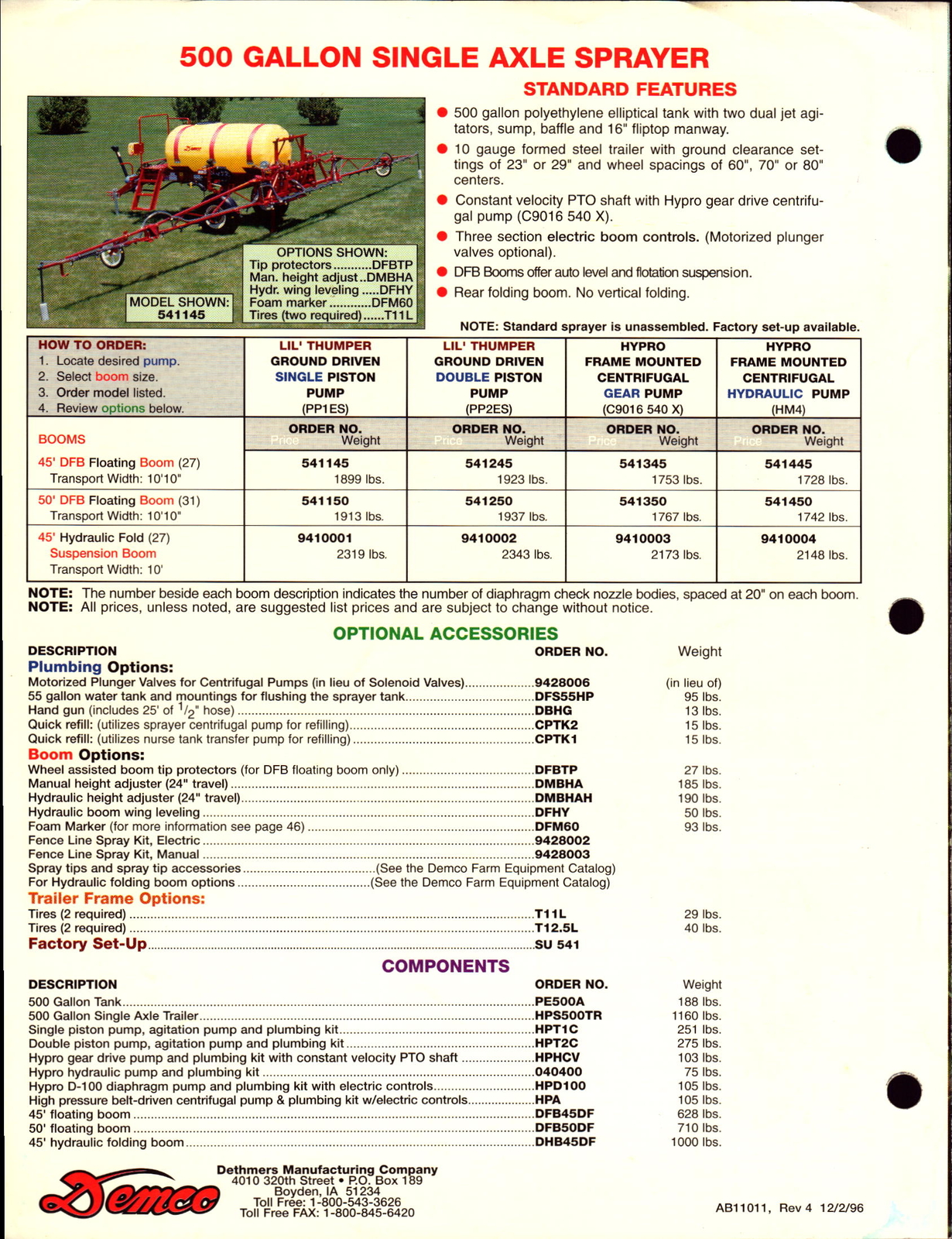 Vintage brochure Farm Machinery Demco Single Axle Sprayers 300 & 500 Gallon