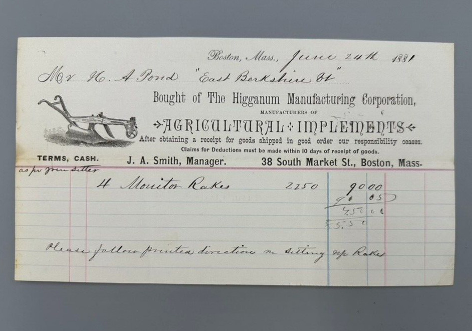 1881 HIGGANUM PLOW Advertising FARM Agricultural Implements Receipt BOSTON