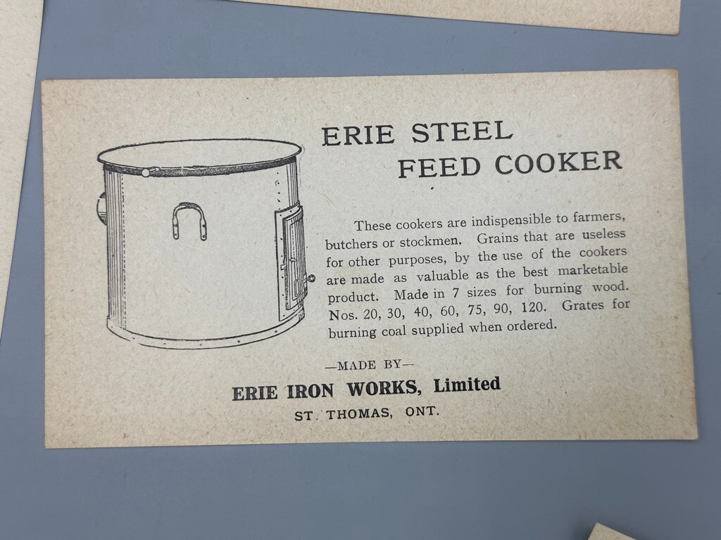 c 1900 ERIE IRON WORKS Cattle HOG TROUGH Hay Rack PLOW Farm Advertise Trade Card