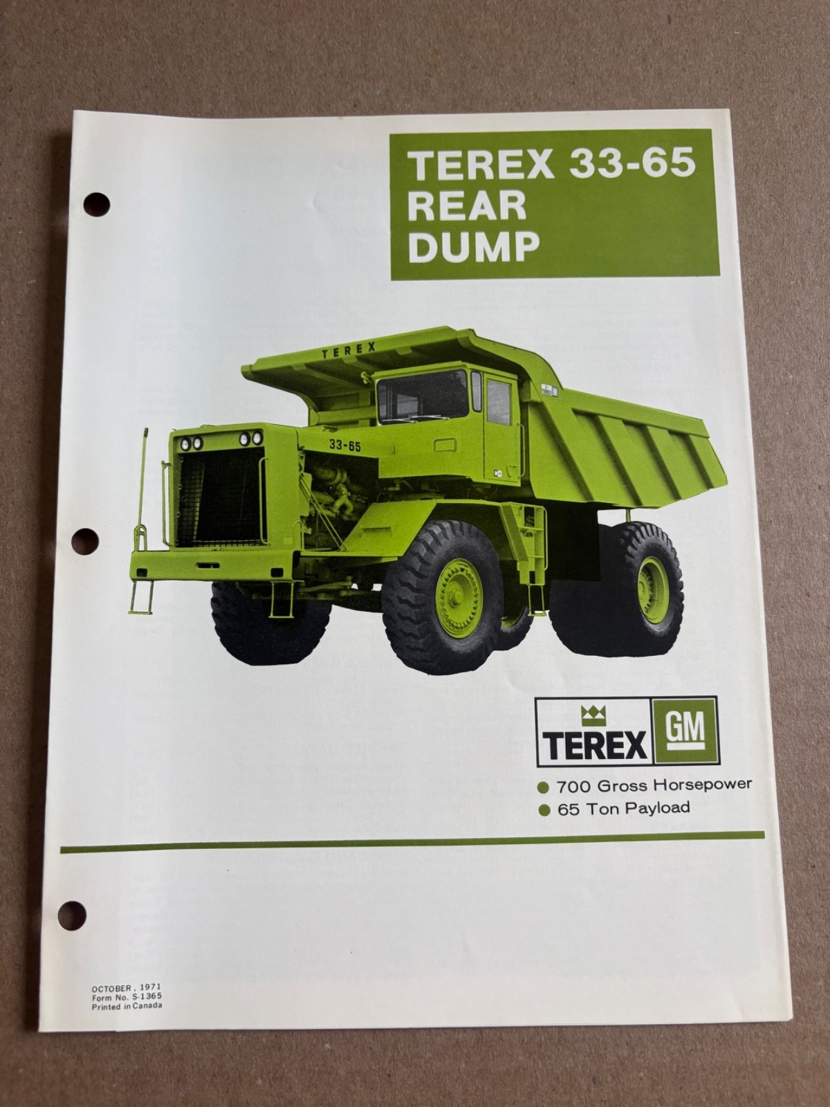 Vintage Terex 33-65 Dump Truck Specifications Sales Brochure
