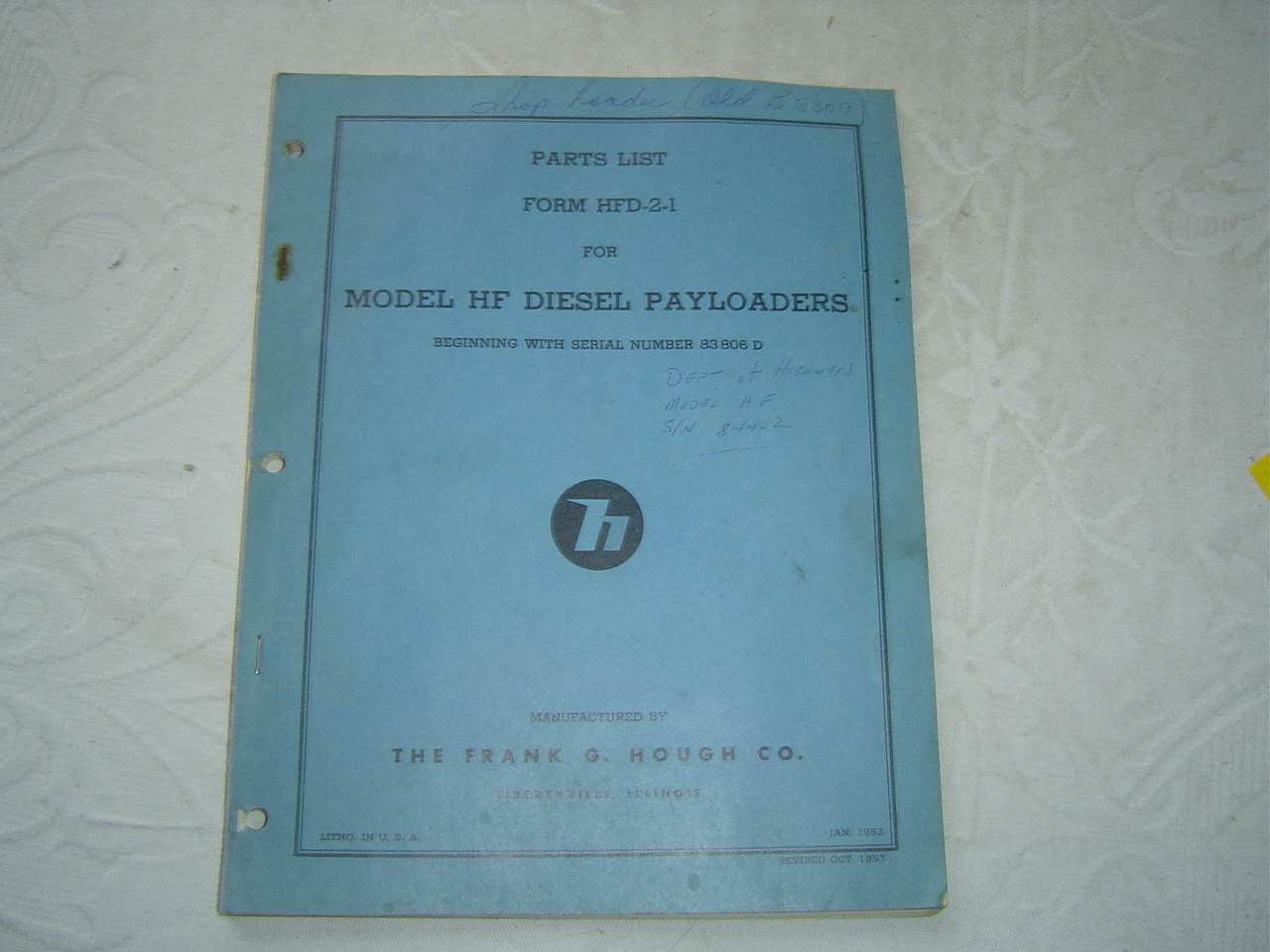 FRANK G HOUGH MODEL HF DIESEL PAYLOADERS PARTS LIST manual