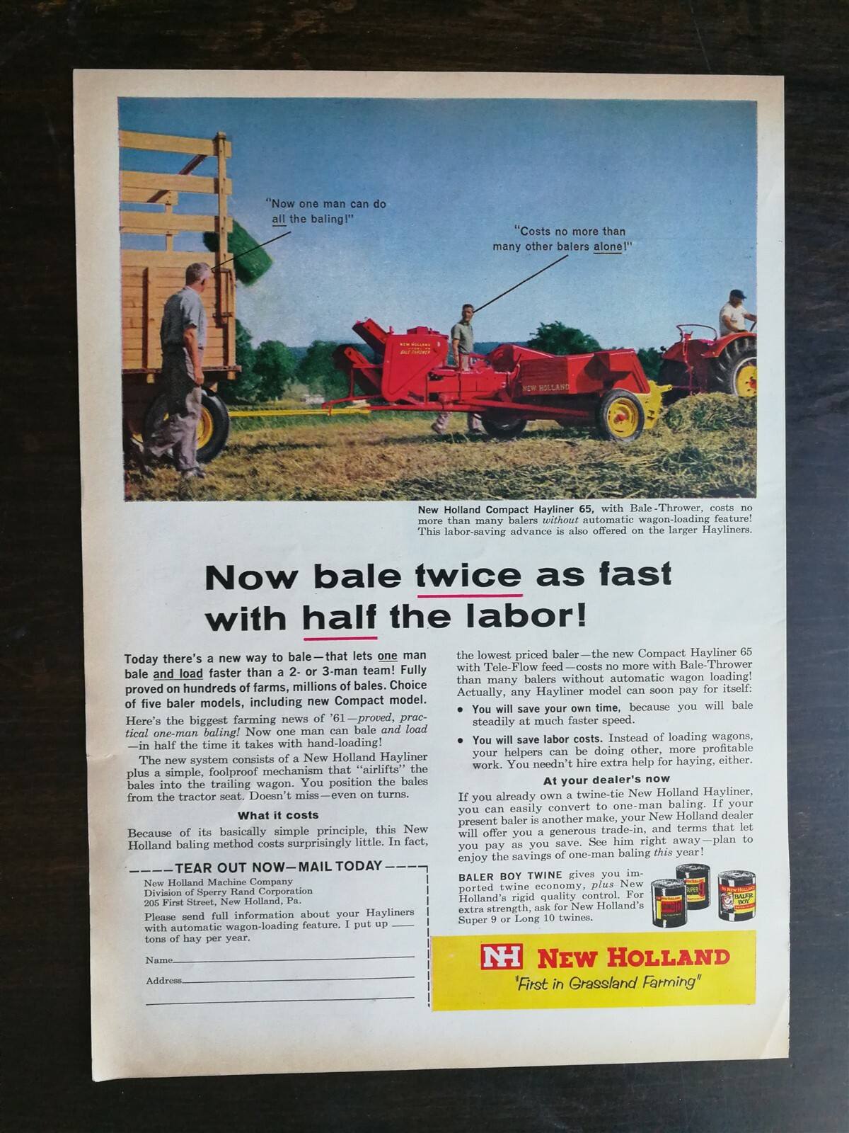 Vintage 1961 New Holland Tractor Compact Hayliner 65 Full Page Original Color Ad