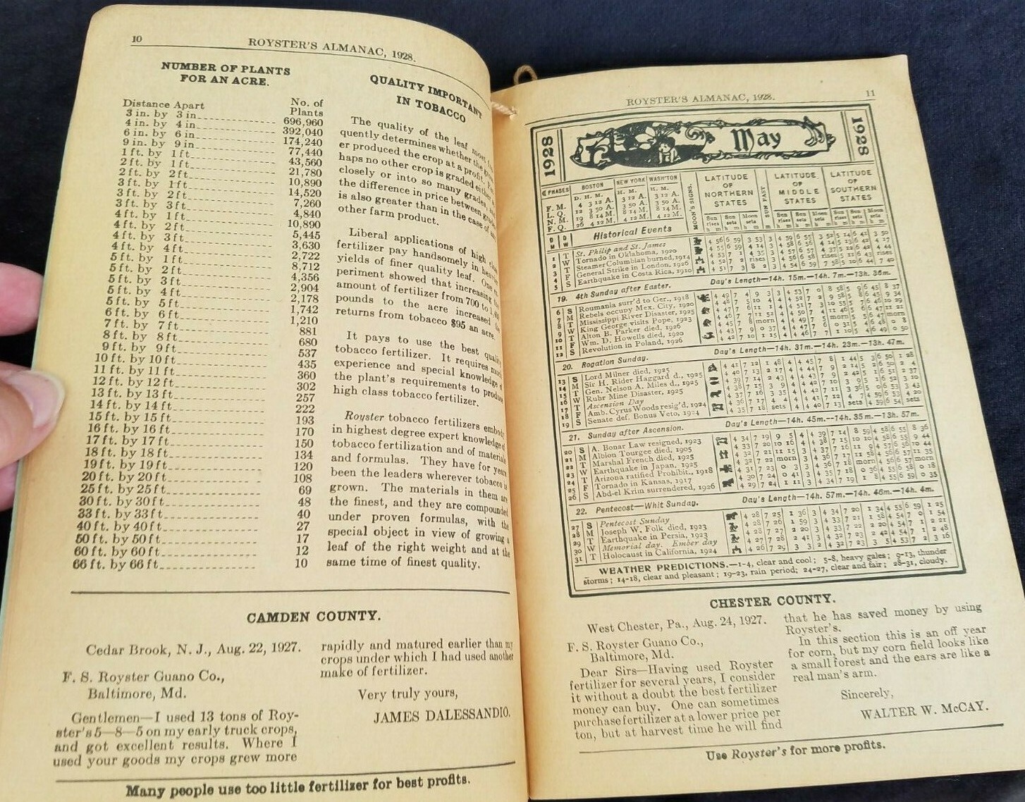 1928 Royster&rsquo;s Almanac FS Royster Guano Baltimore Farm Fertilizer Mine Bartow FL