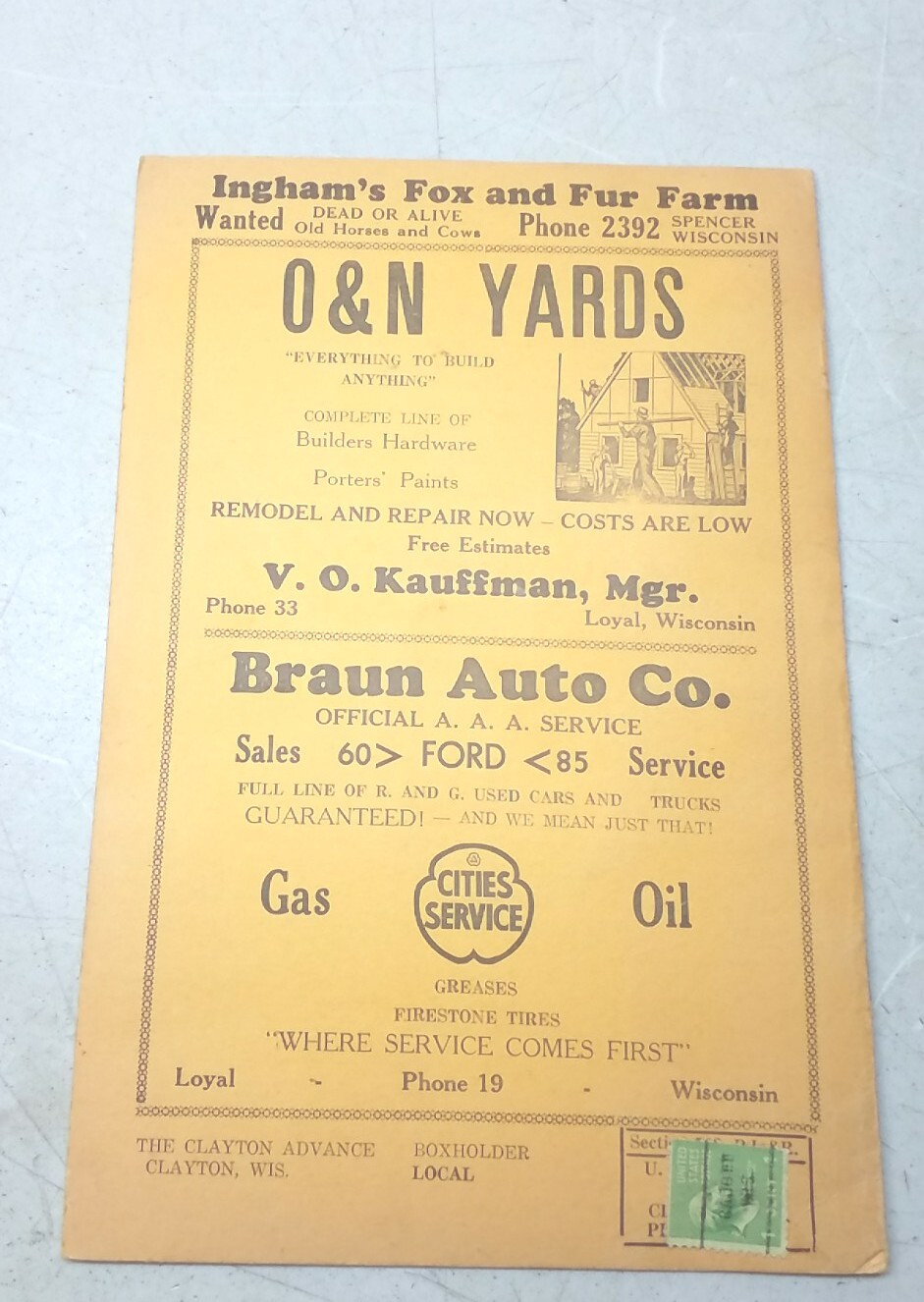 Vintage 1944 Advertising Local Farmers Account Book Ledger Spencer Loyal Wisc