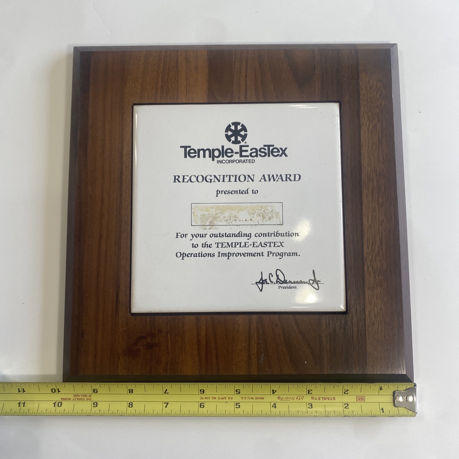 Vintage Temple EasTex Diboll Texas Recognition Award Plaque Wood Ceramic