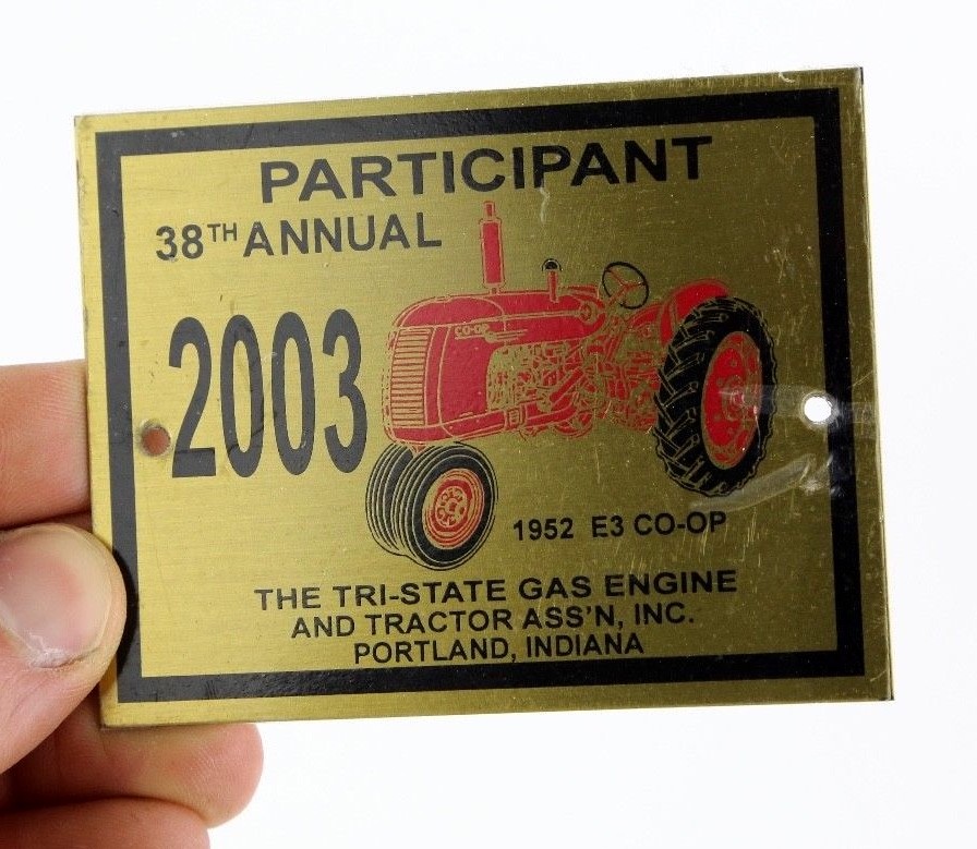 2003 TRI STATE GAS & ENGINE TRACTOR SHOW BRASS PLATE PLAQUE SIGN 1952 E3 CO-OP