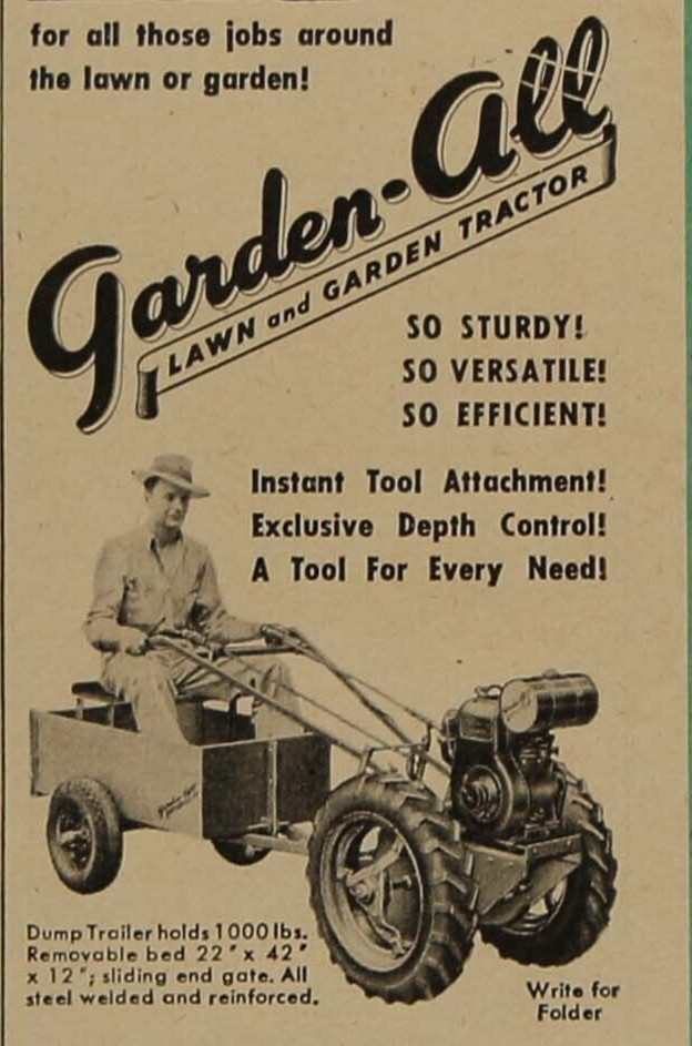 Garden All Lawn Tractor Dump Trailer Liberty IN Vintage Print Ad 1947