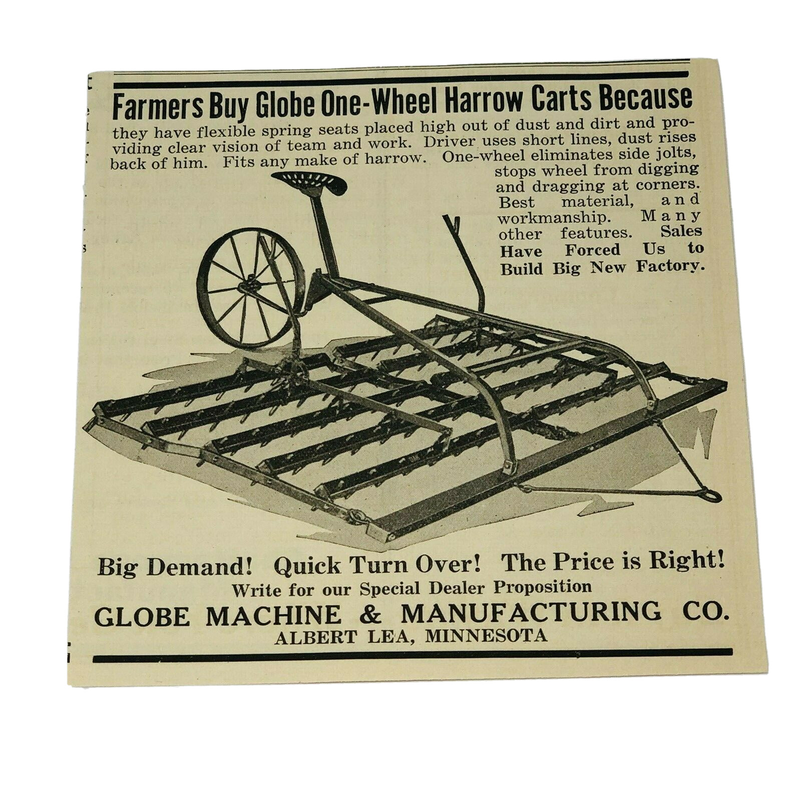 Globe Machine Manufacturing Albert Lea MN One Wheel Harrow Cart Newspaper Ad
