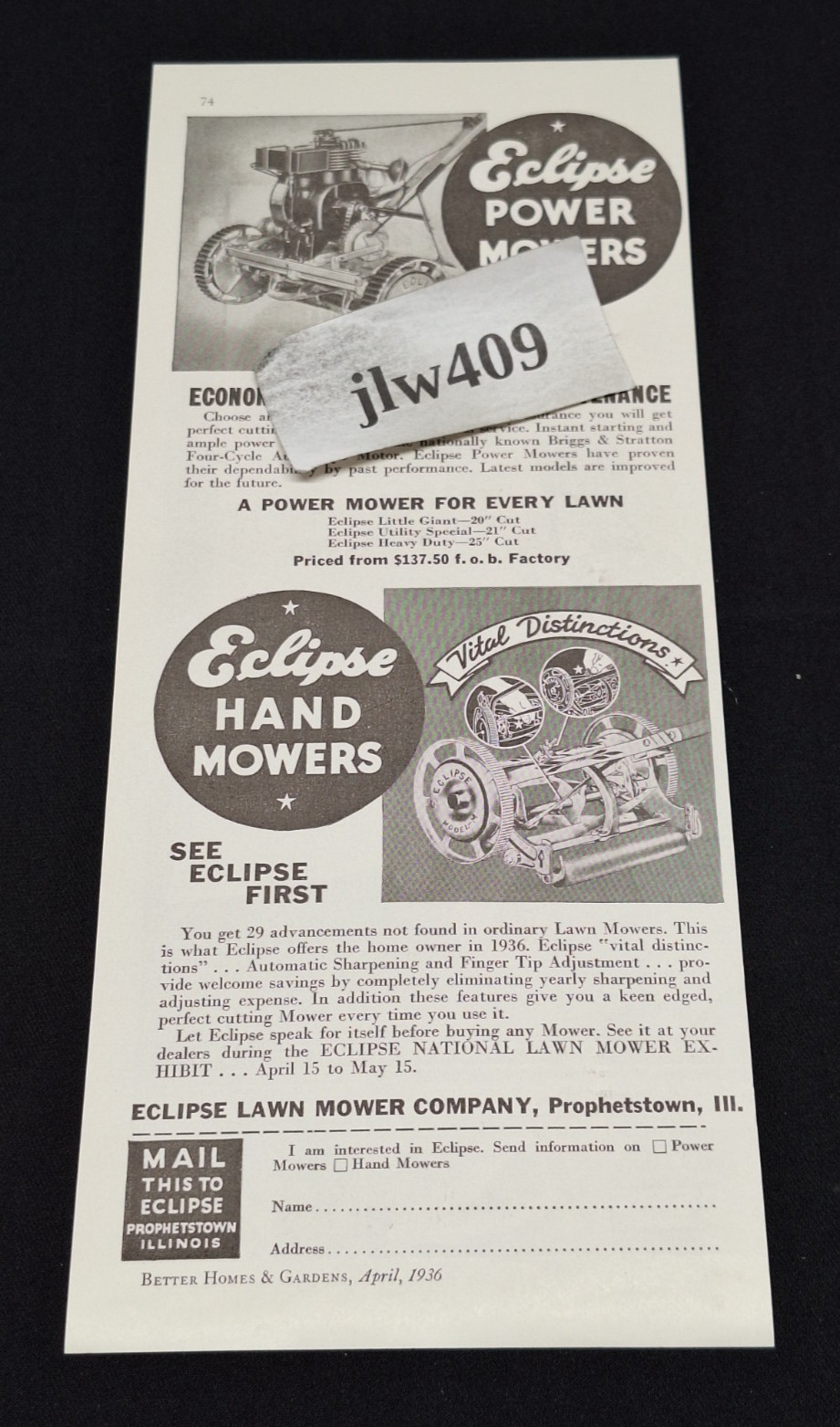 1936 ECLIPSE LAWN MOWER Original Print Ad Magazine