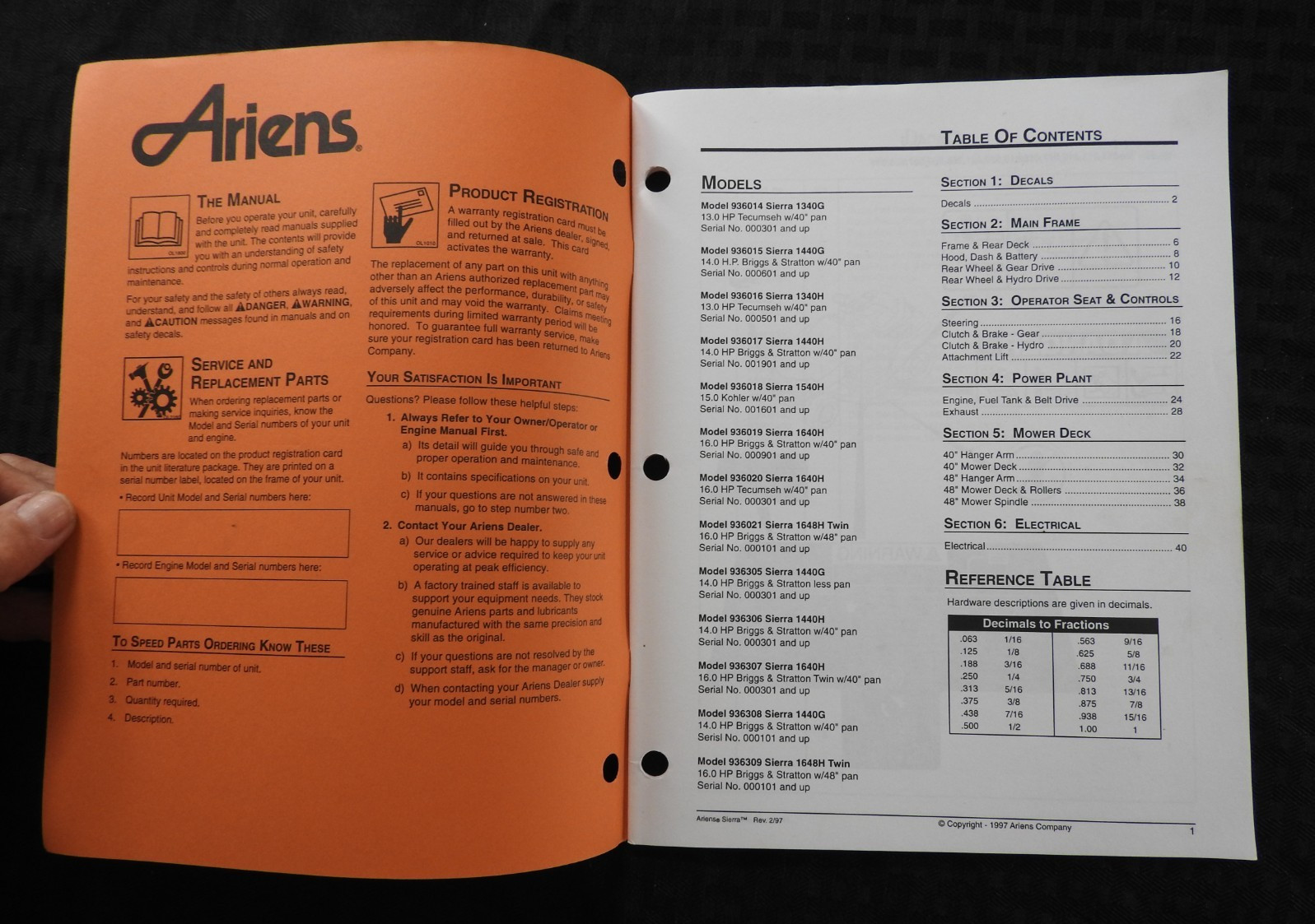 GENUINE ARIENS SIERRA 936 SERIES LAWN TRACTOR PARTS CATALOG MANUAL MINTY 1997