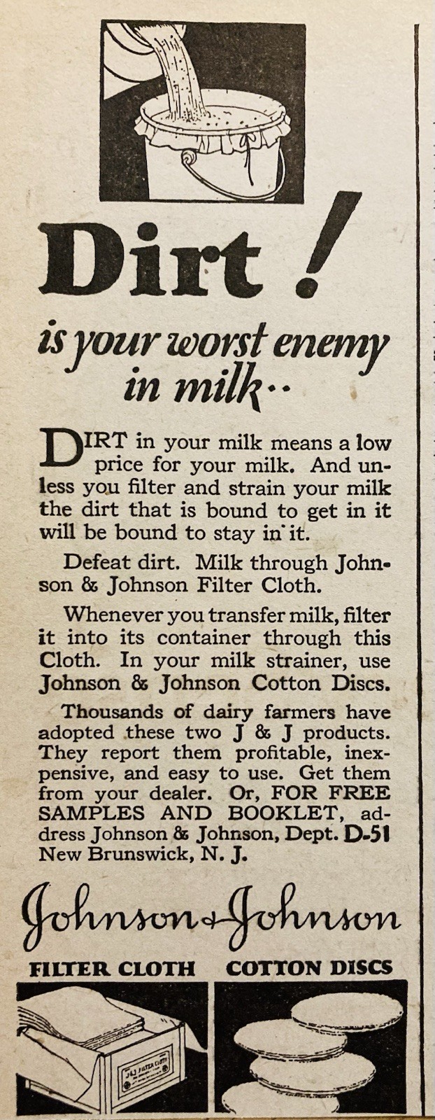 1926 AD.(XH82)~JOHNSON & JOHNSON CO. MILK FILTER CLOTH AND DISCS