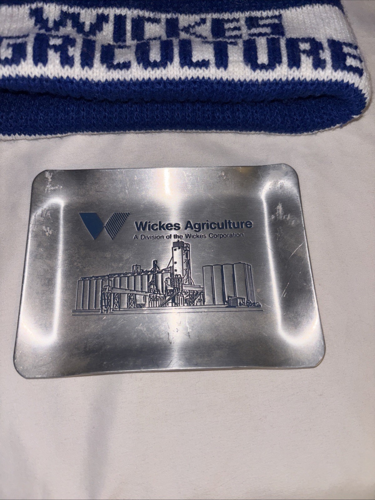 Vtg WICKES AGRICULTURE Advertising Blue/White Knit Stocking Cap & 5×4” Ash Tray