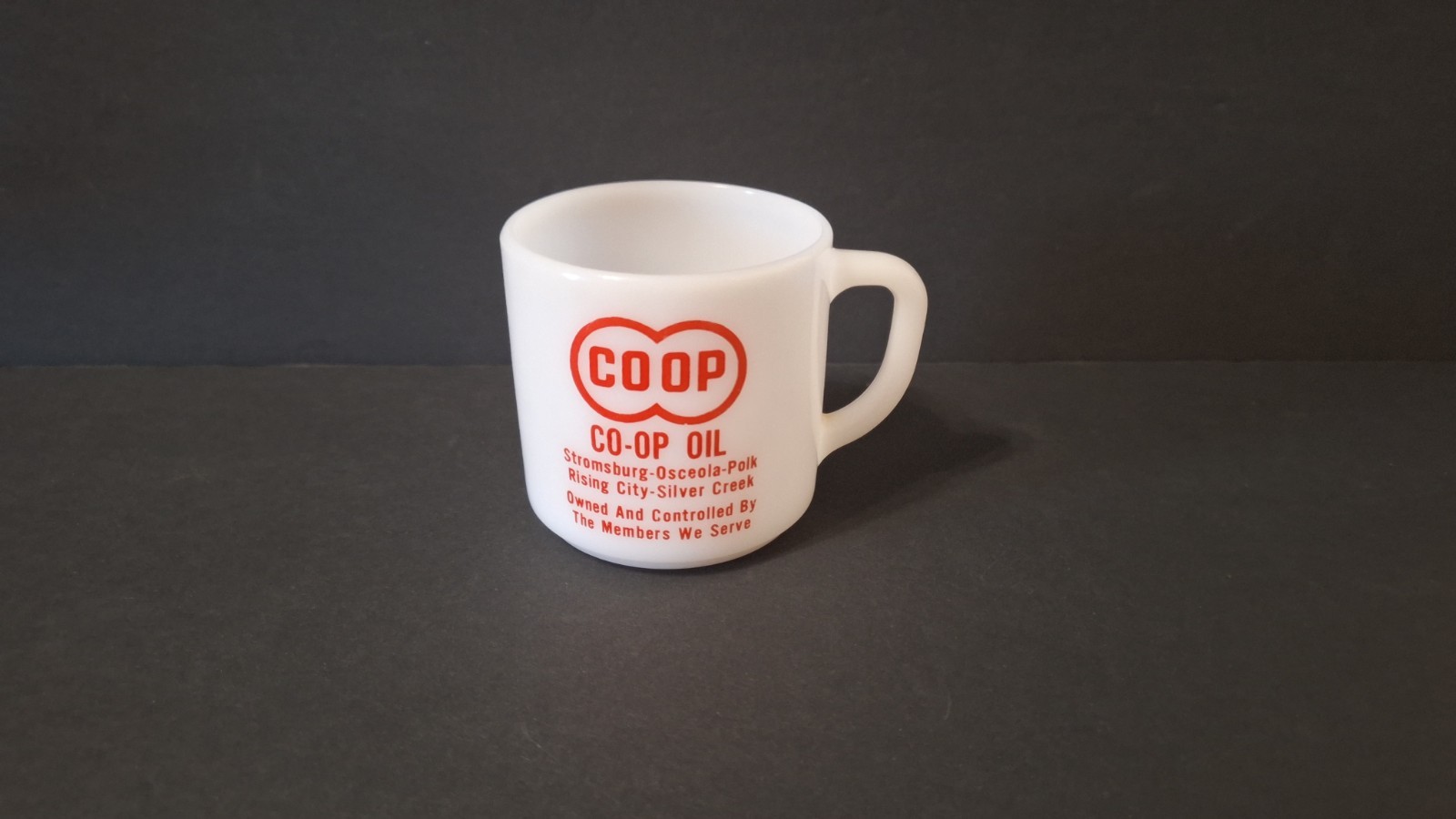 Vtg CO-OP OIL Milk Glass Mug Stromberg Osceola Polk Rising Silver Creek NEBRASKA