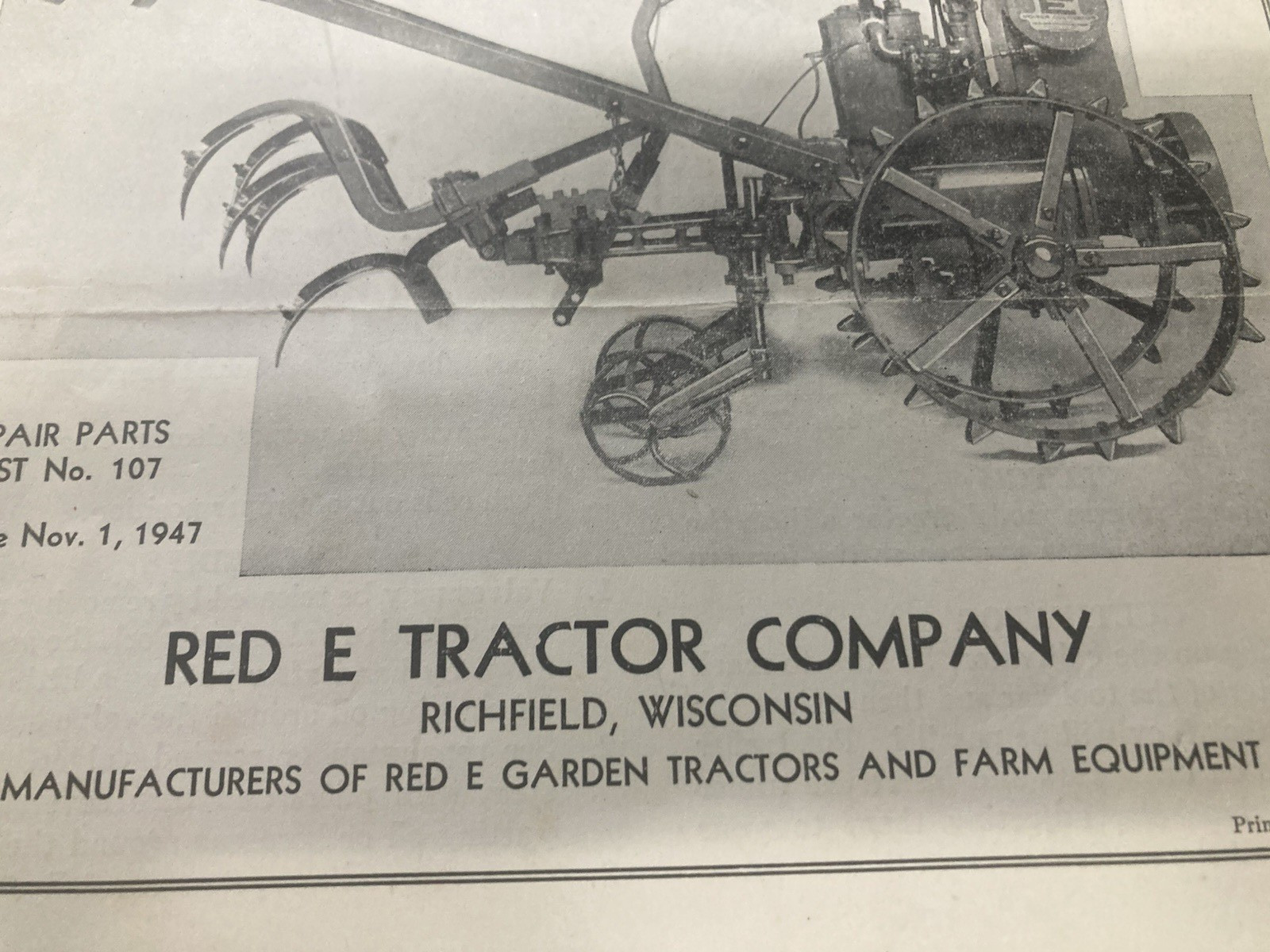 Vintage 1947 Red-E Garden Tractor Instruction Book Parts List Farm Brochure