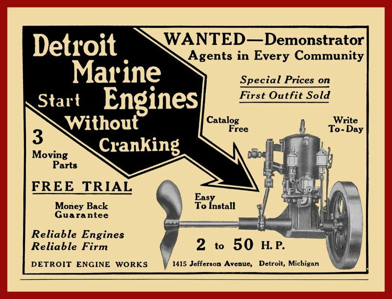 Vintage Look Detroit Engine Works New Metal Sign: Marine Gas Engines – Michigan