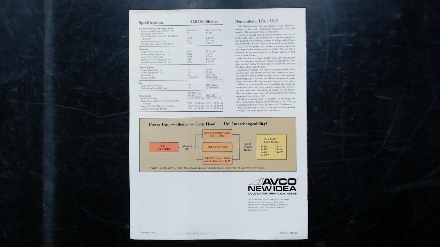AVCO New Idea 858 Uni Sheller Vintage Agricultural Brochure Corn Sheller