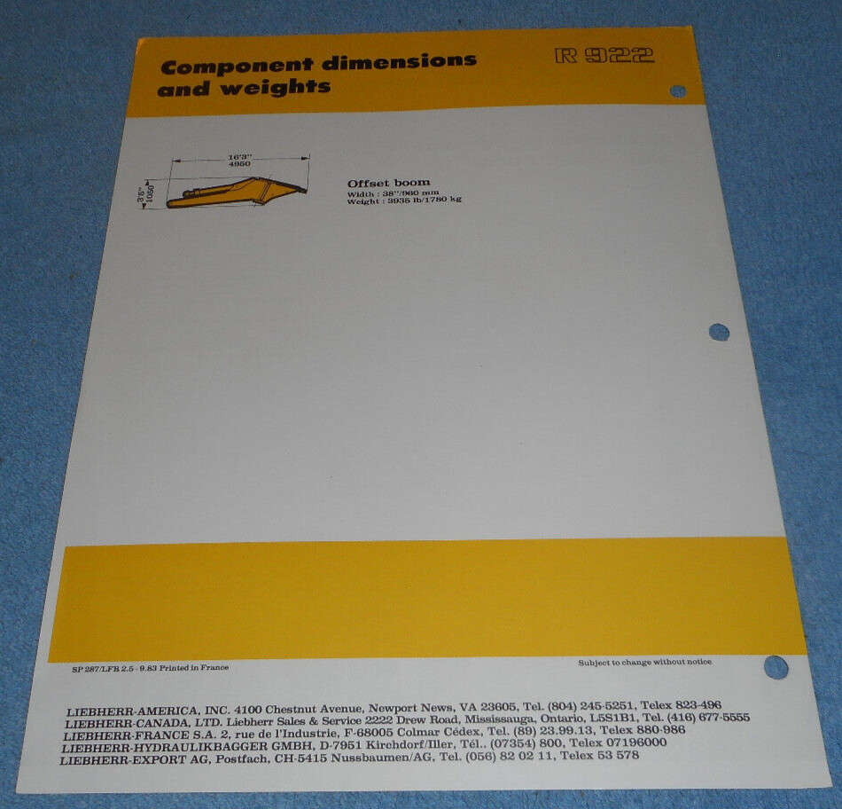 1983 Liebherr R922 Technical Data Hydraulic Excavator Attachment Offset Boom