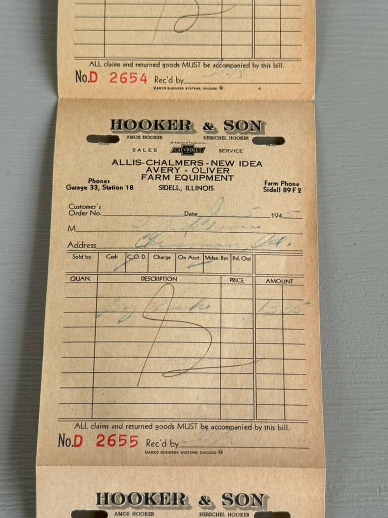 VTG Sidell IL Receipts Chevrolet Allis Chalmers New Idea Avery Oliver Farm Equip