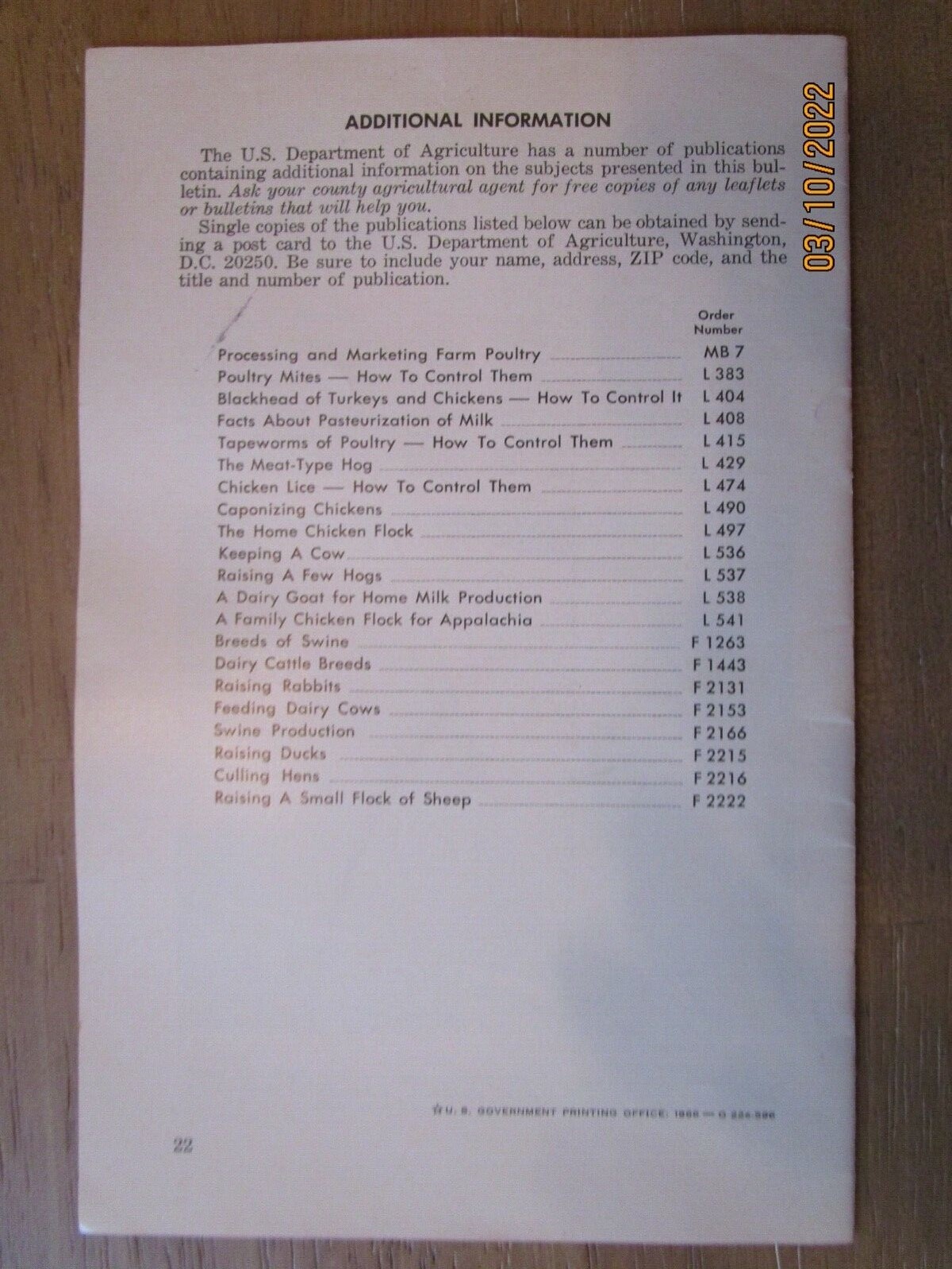 JUNEAU, WIS 1966, Raising Livestock On Small Farms Farmers Bulletin 2224 -E9G-24