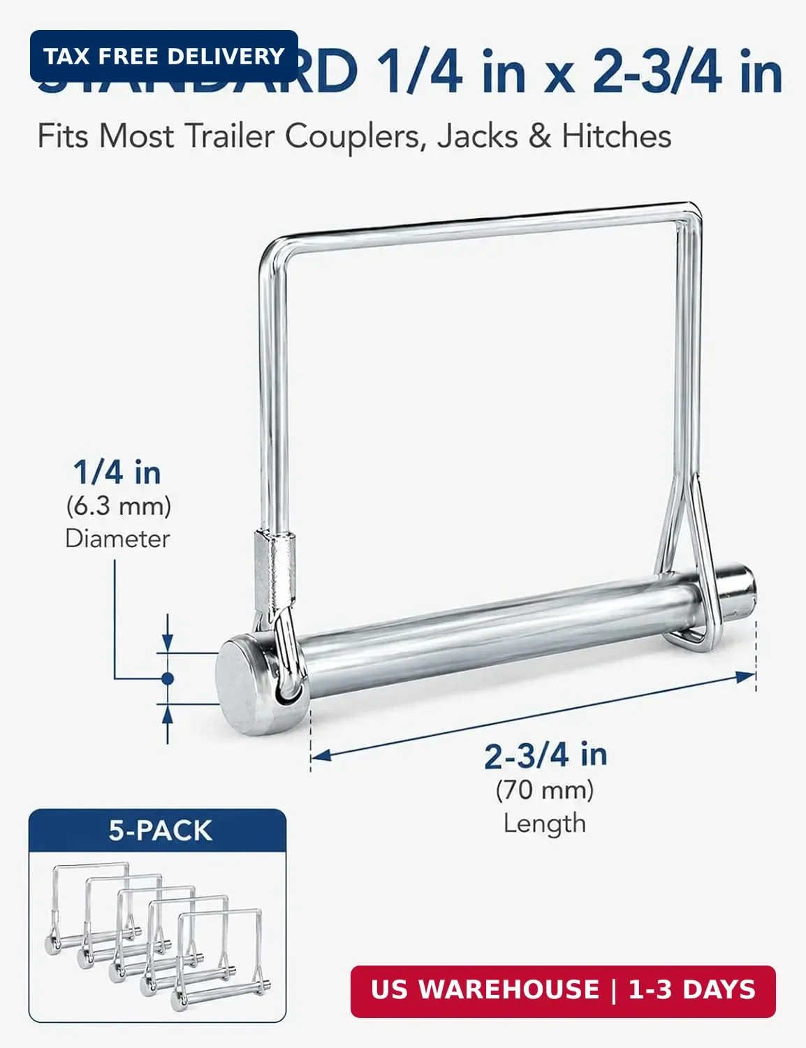5 Pack Square Trailer Pin 1/4 inch x 2-3/4 inch, Heavy Duty Shaft Locking Pin