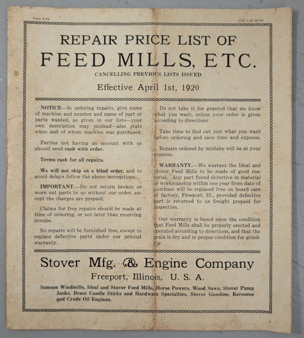 Rare Stover Mfg. & Engine Co. Feed Mill Repair Price List 1920 Antique Farm