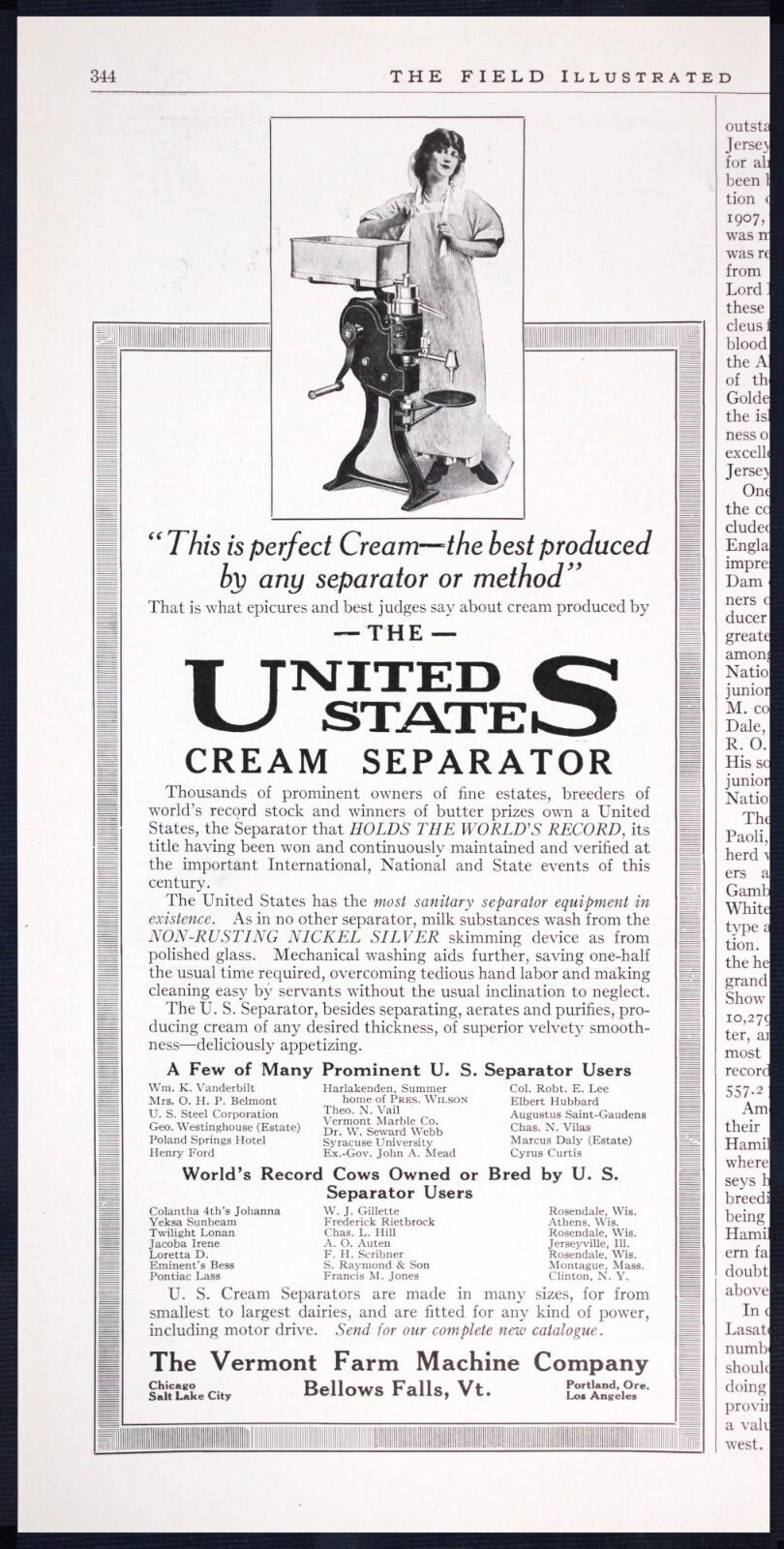 1915 U.S. CREAM SEPARATOR World&rsquo;s Record Vermont Farm Machine Co. Vtg PRINT AD