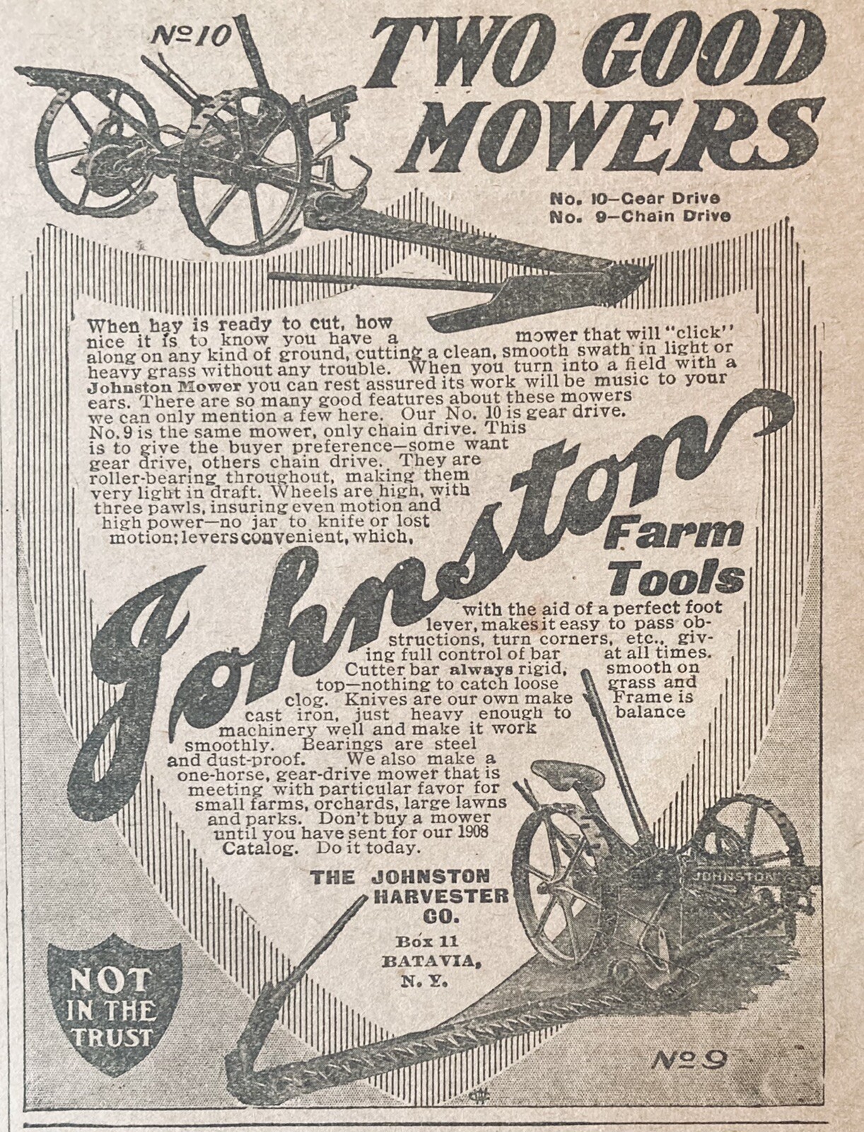 1908 AD.(XH10)~JOHNSTON HARVESTER CO. BATAVIA, NY. FARM MOWERS AND TOOLS