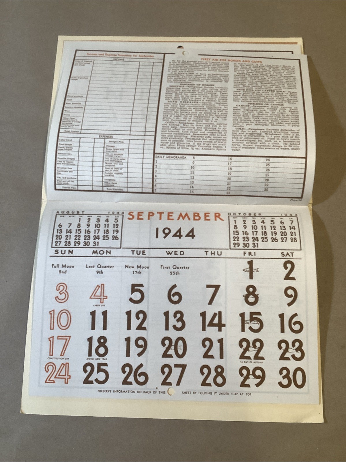 1944 Muntz-McLaughlin Co. Farm Inventory Calendar Holgate OH INV-P0547