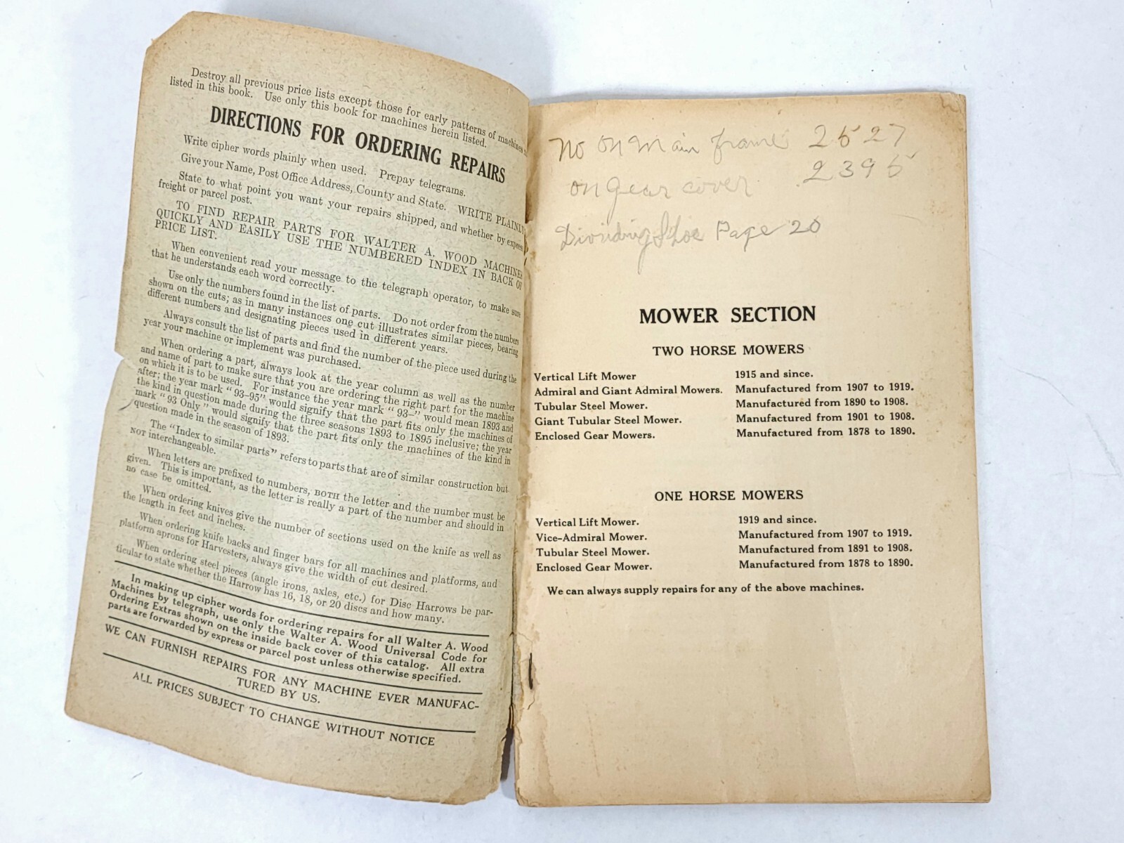 Vintage Walter A. Wood Mowers & Reaping Attachments Parts & Price List Catalog