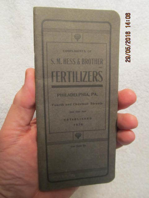 1909 Memo Book & Calendar S.M. Hess & Brother Fertilizer Philadelphia No Writing