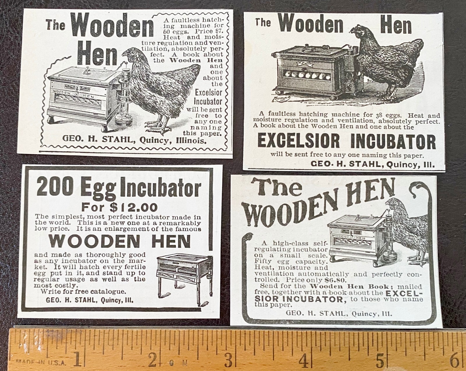 WOODEN HEN Excelsior Chicken Egg Farm Incubator Quincy,Ill c1900s Print Ad Lot 4
