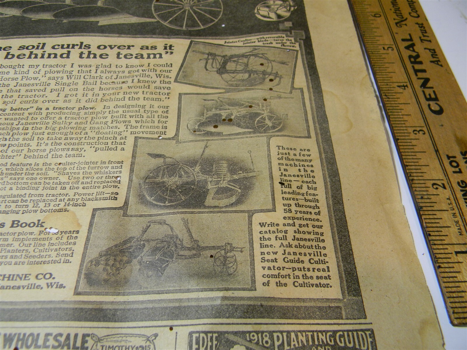 Vintage 1917 Janseville Machine Co. Tractor Plow Man Cave 1910&rsquo;s Print Ad 5A11