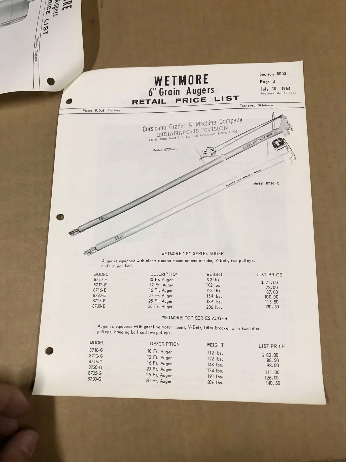 Vintage 1964 Wetmore 6&Prime; Grain Augers Retail Price List