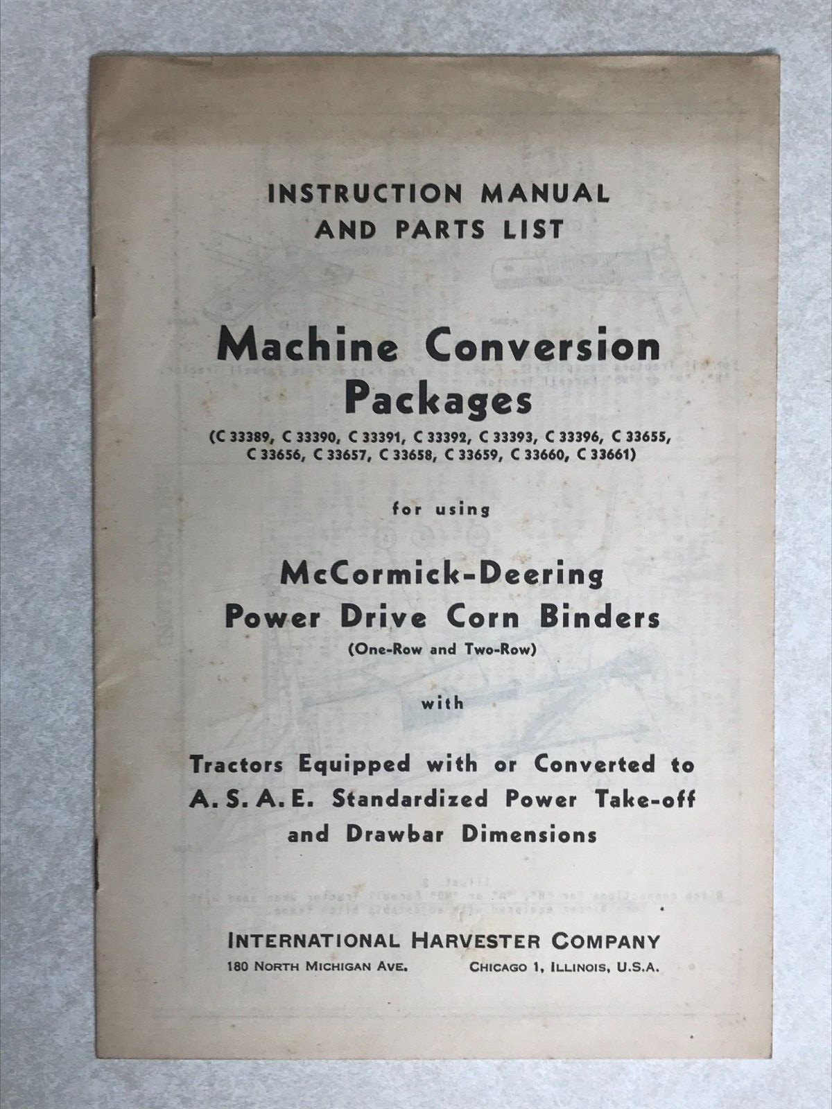 Farm Instruction Manual 1945 IH McCormick Deering Conversion Corn Binders SBG190