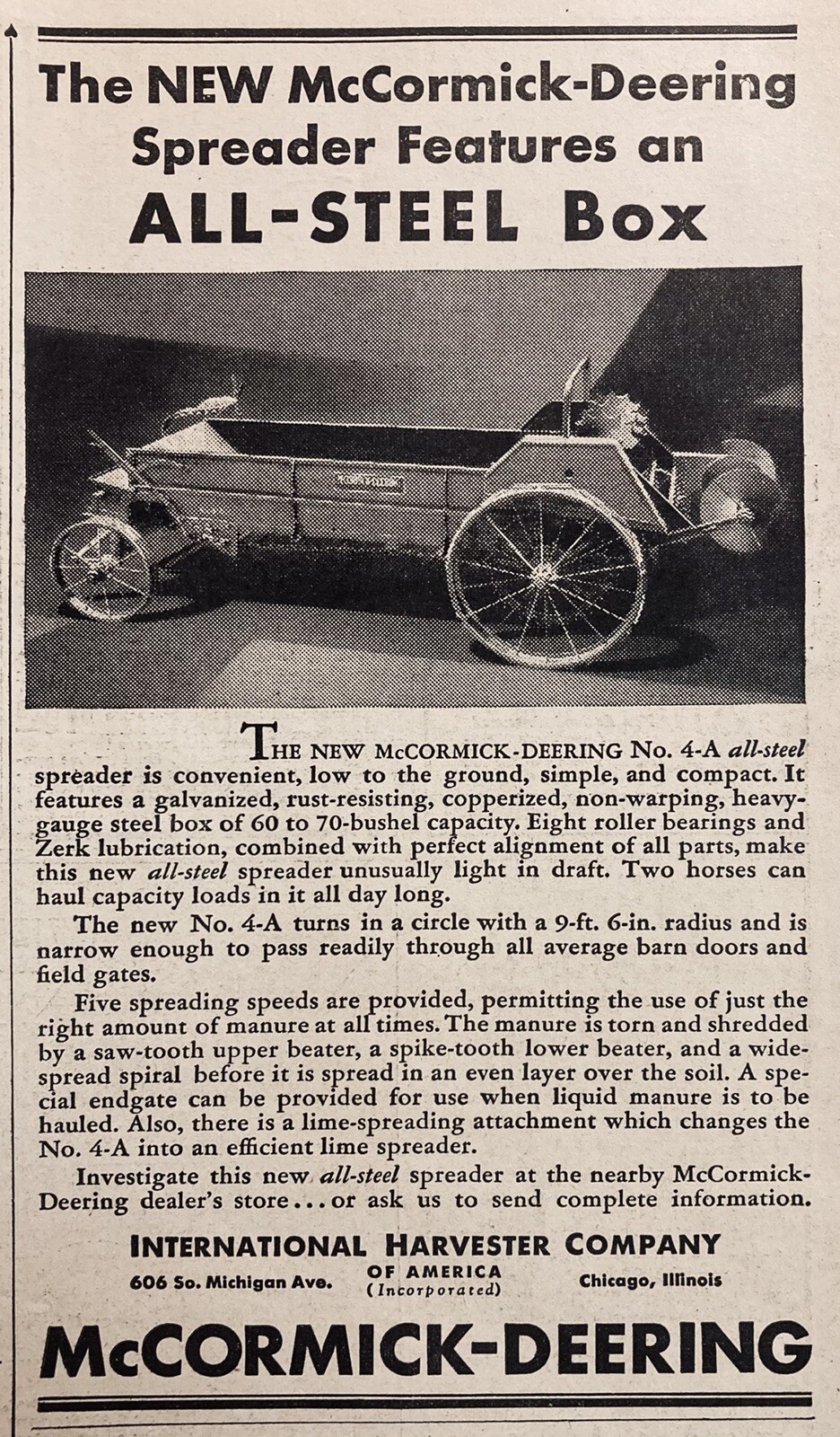 1934 AD.(XH58)~INTERNATIONAL HARVESTER MCCORMICK-DEERING NO.4-A MANURE SPREADER