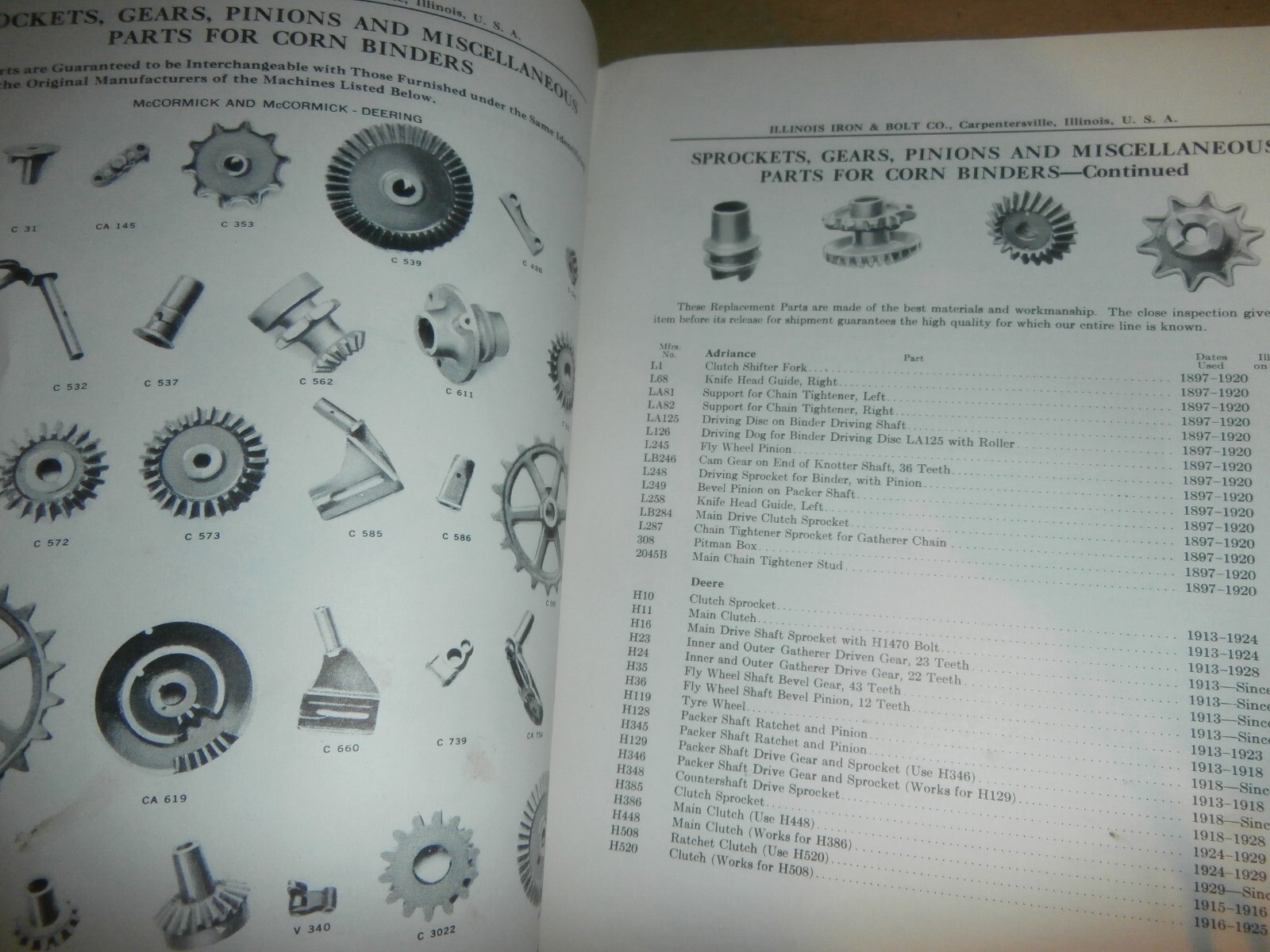 Vintage Parts Catalog for Illinois Iron & Bolt Co Corn Binders Carpentersville