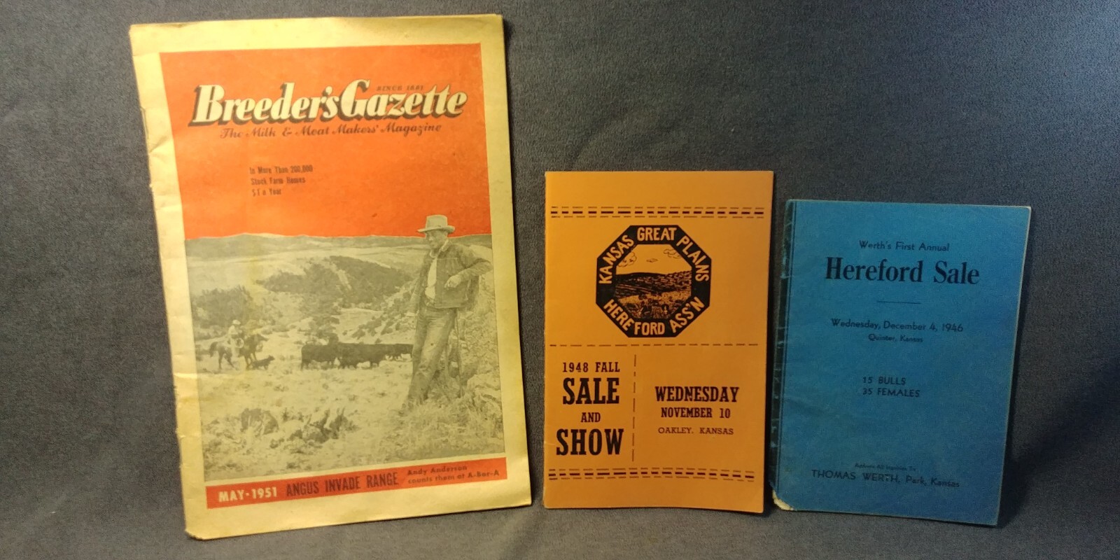 3 AG Booklet 1946 Hereford Sale Quinter Kansas 1948 Oakley Breeders Gazette 1951